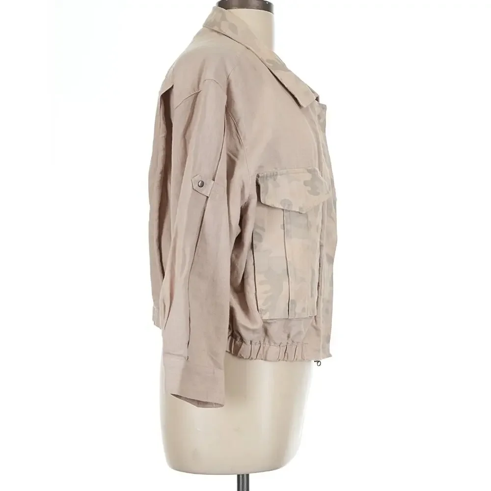 Anthropologie Hei Hei Ronan Tan Camouflage Cropped Linen Jacket Size XL Boho Y2K